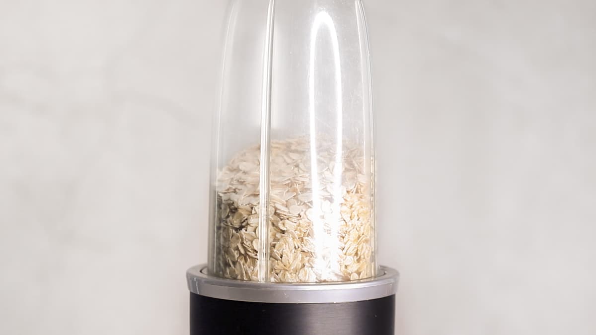 Blend the rolled oats, baking powder and salt to turn it into a flour