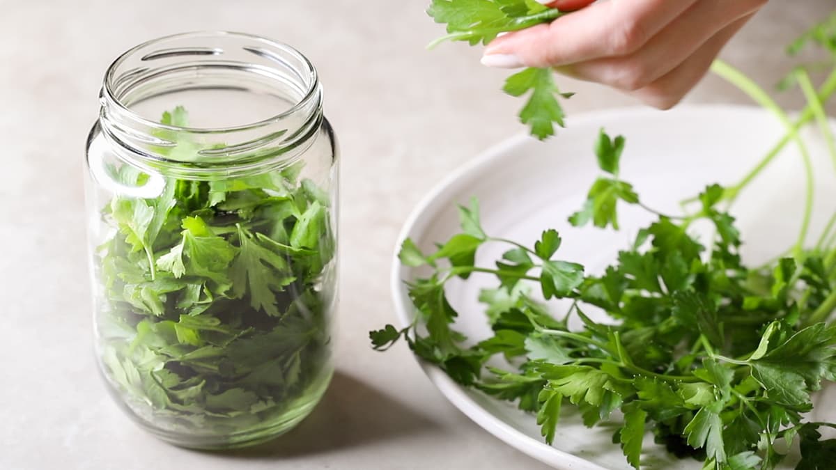 Fresh parsley leaves in a wide-mouth jar