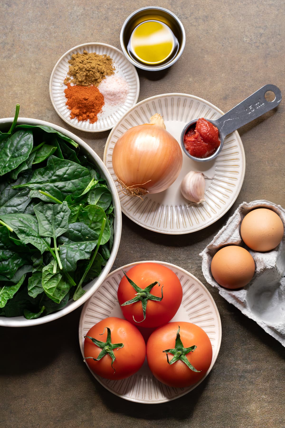 Ingredients for Shakshuka with Fresh Tomato and Spinach