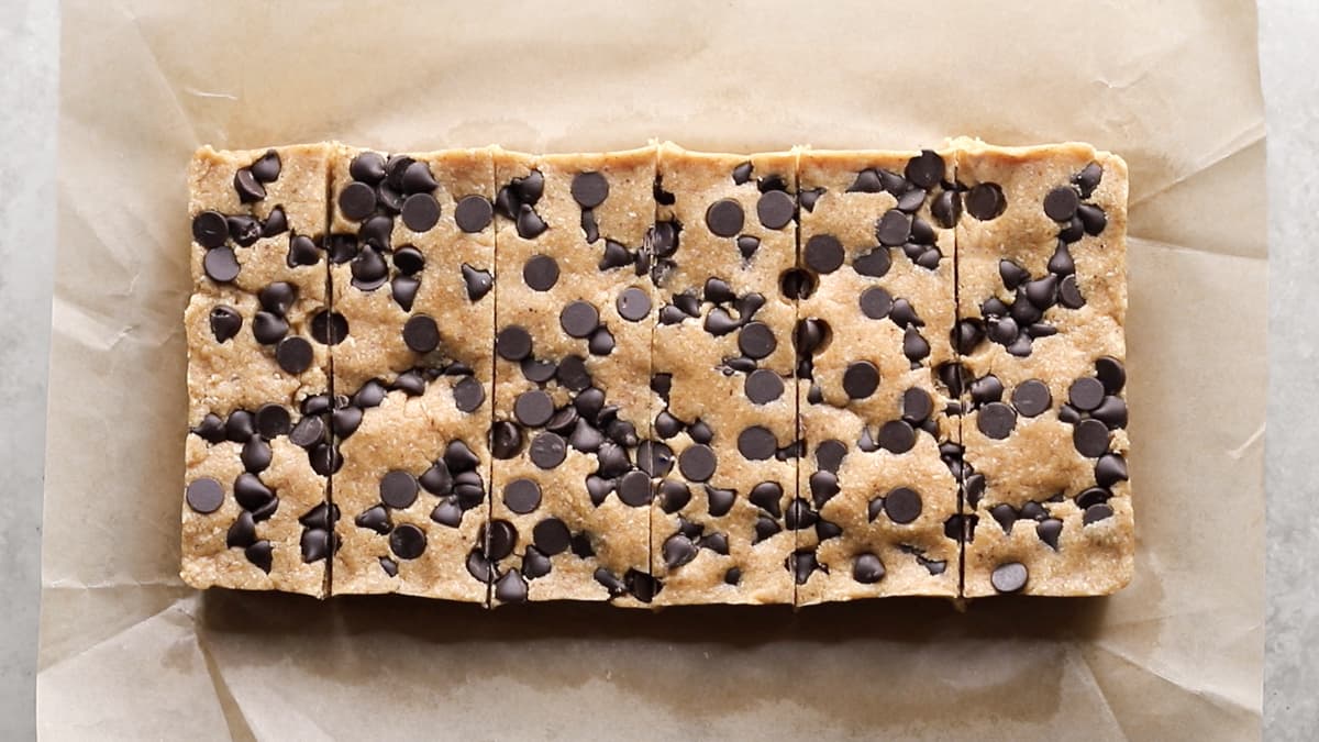 Chocolate chip protein bars cut into individual pieces
