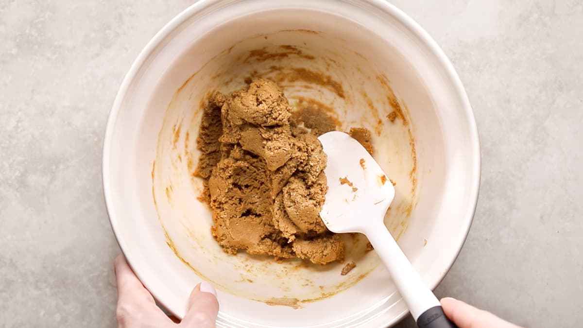 A bowl of dough made from whey protein powder, coconut flour, and wet ingredients, mixed together and ready to be shaped
