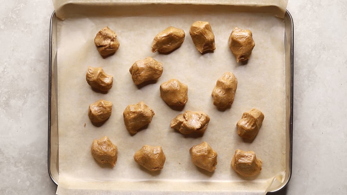 Sixteen evenly divided portions of coffee whey protein dough arranged on a tray, ready to be rolled into balls