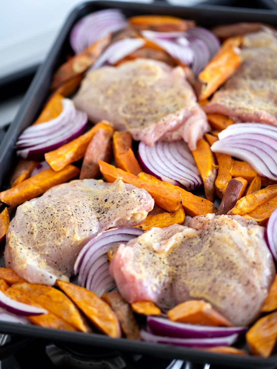 Sheet Pan Chicken with Sweet Potato and Red Onion