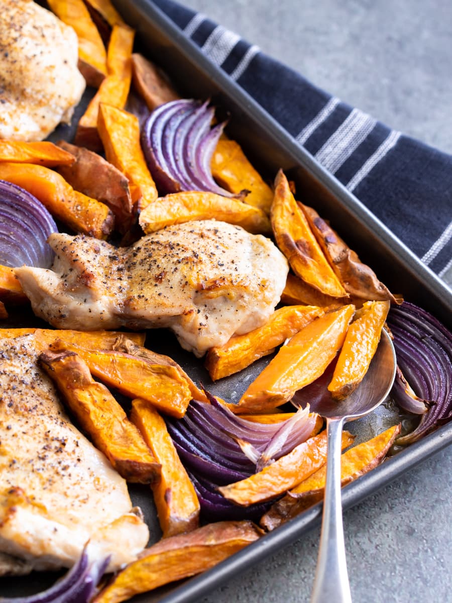 Sheet Pan Chicken with Sweet Potato and Red Onion