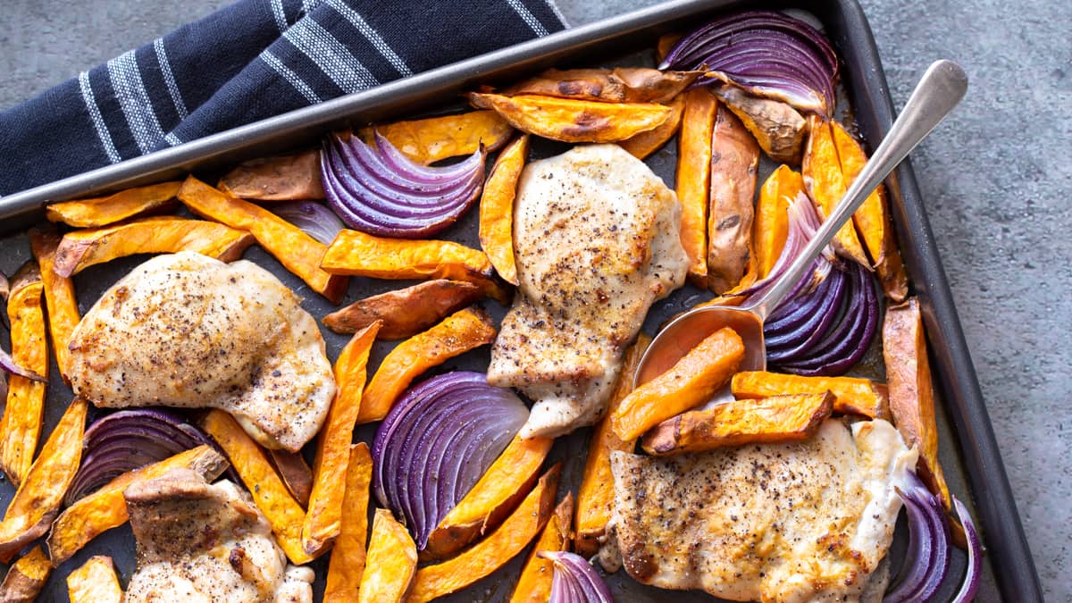Sheet Pan Chicken with Sweet Potato & Red Onion Recipe - Real Food ...