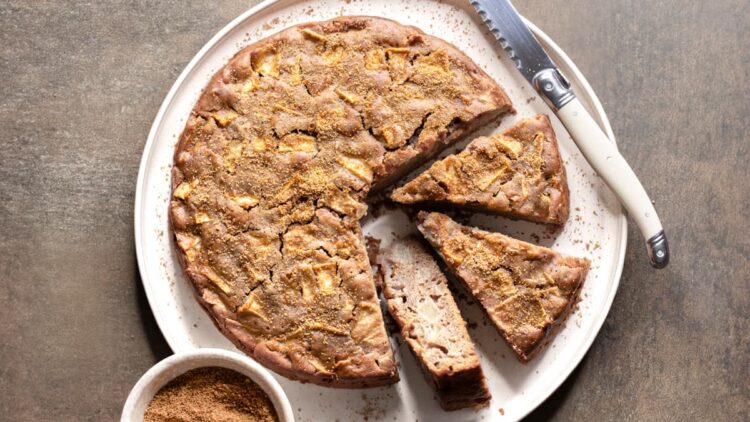 Gluten-free apple cake with buckwheat flour cut into slices