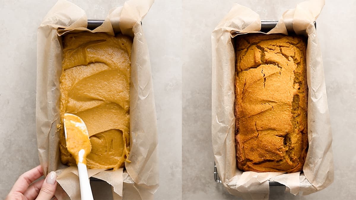 Pumpkin bread batter poured into a lined loaf pan