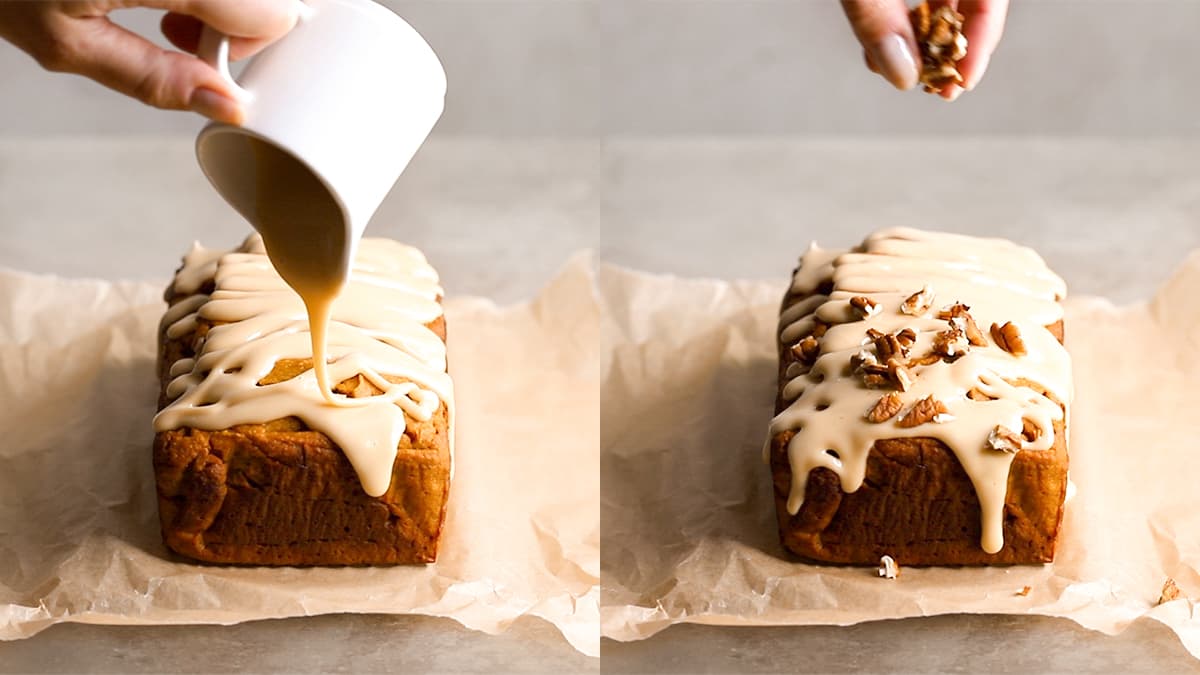 Gluten-free pumpkin bread topped with maple glaze and sprinkled with crushed pecans