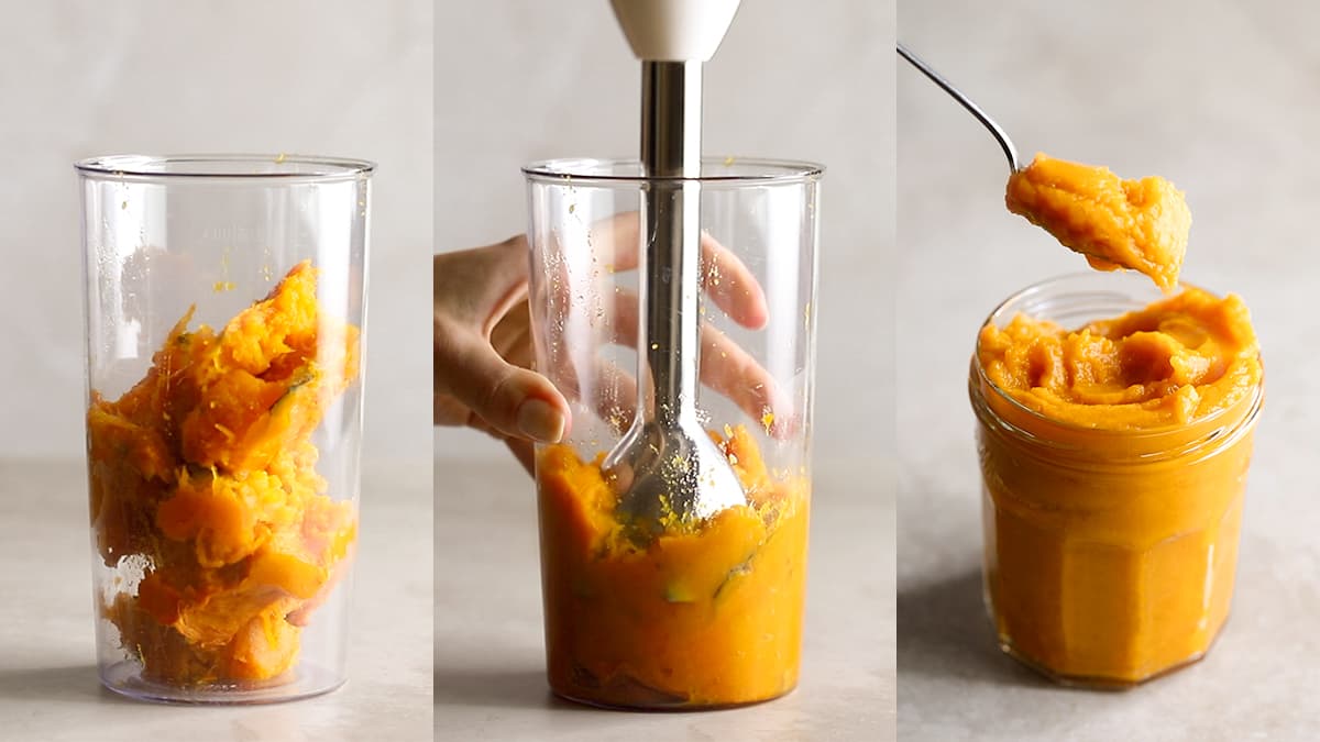 Smooth pumpkin puree in a hand blender