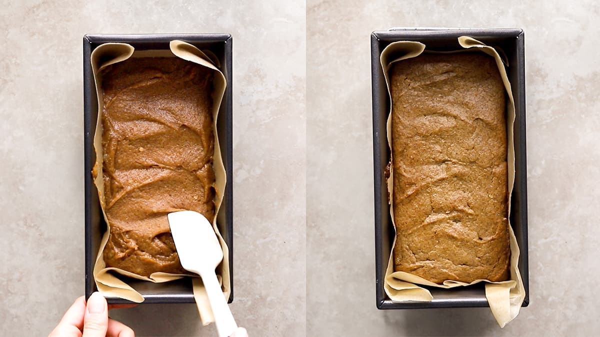 Baked gluten-free gingerbread cake in a loaf tin, golden brown on top