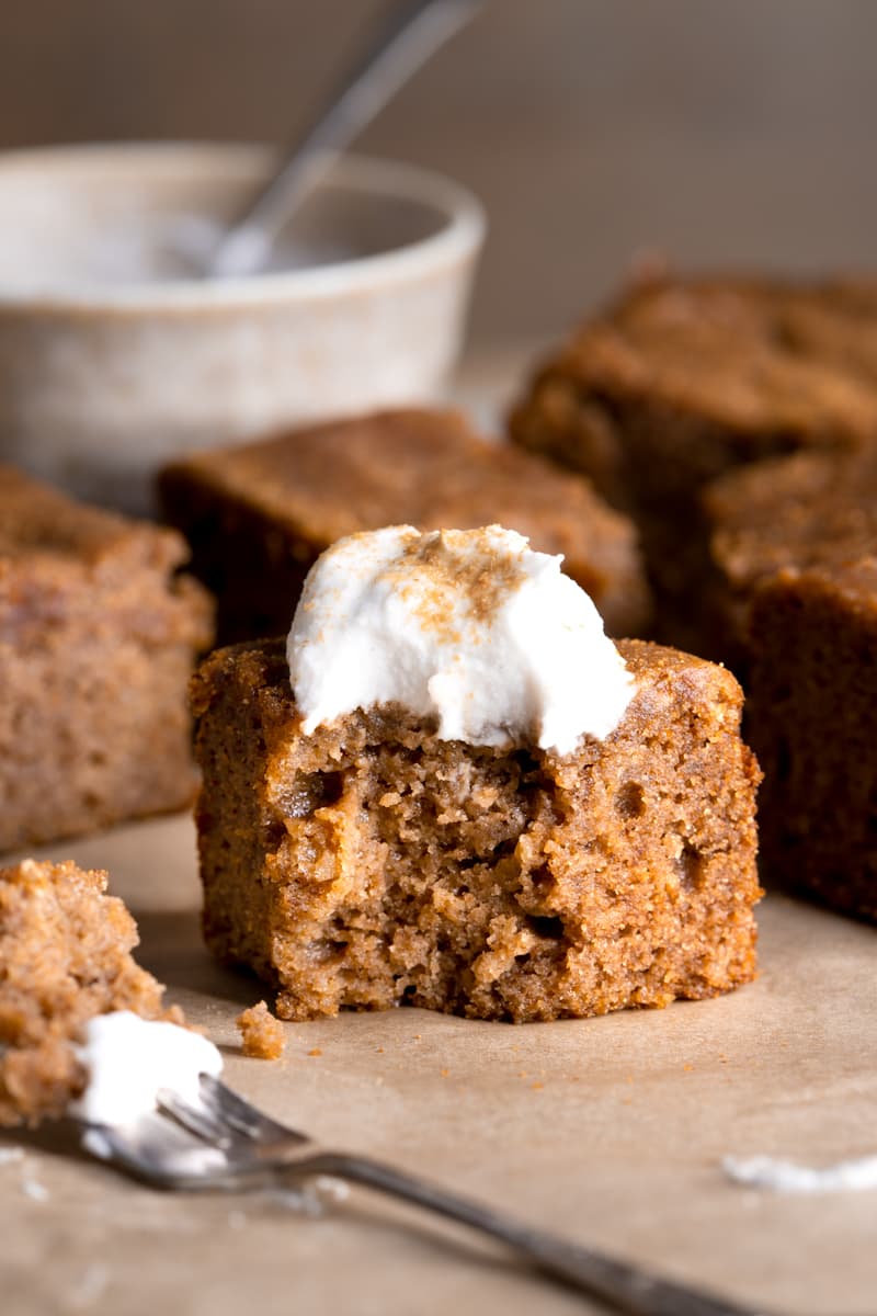 Gluten Free Gingerbread Cake without Molasses served with coconut cream