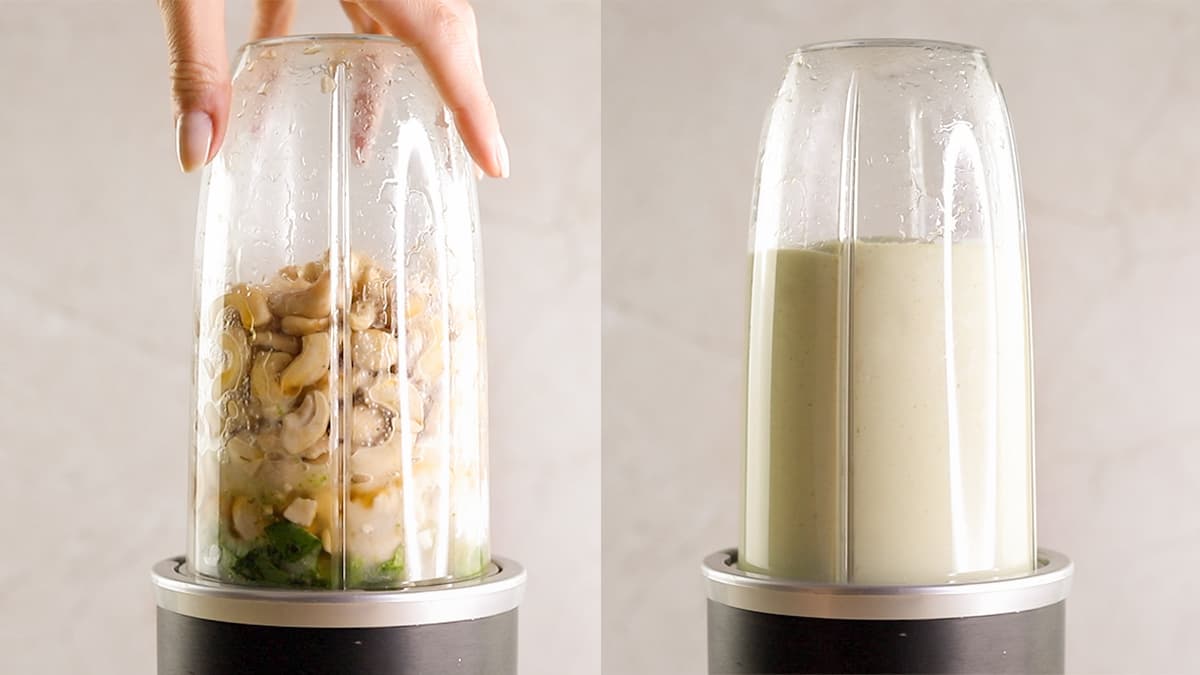 Side-by-side blenders showing cheesecake filling before and after blending