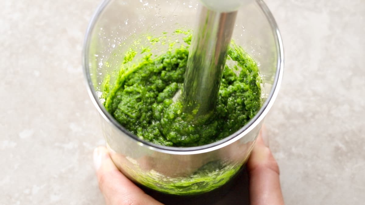 Blend the pesto using a hand blender