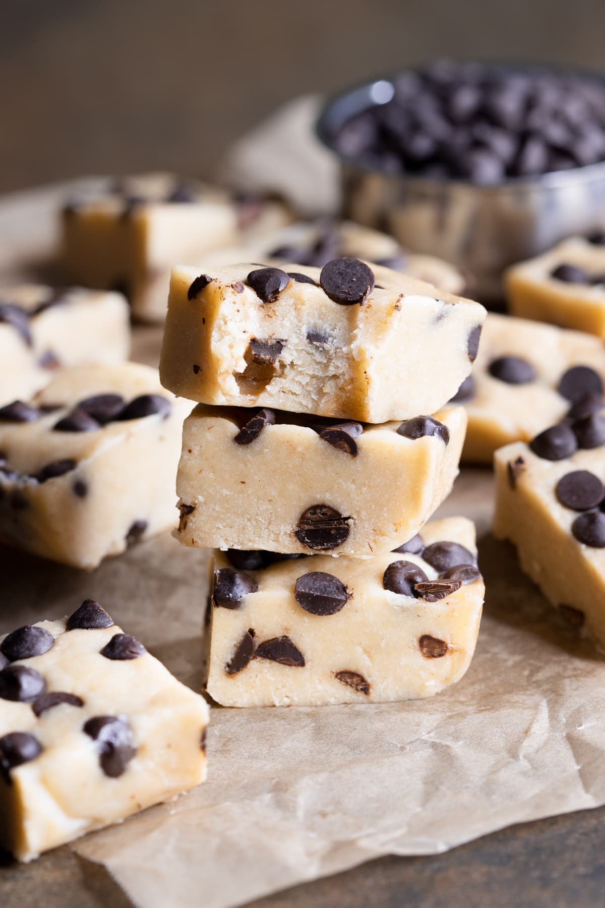 Nut Free Cookie Dough Protein Bars stacked on top of each other