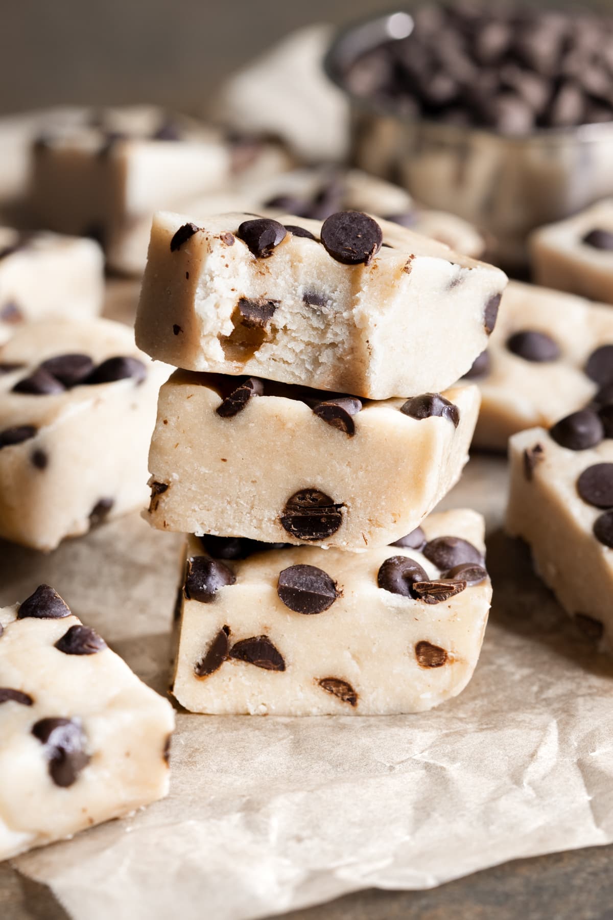 Nut Free Cookie Dough Protein Bars stacked on top of each other