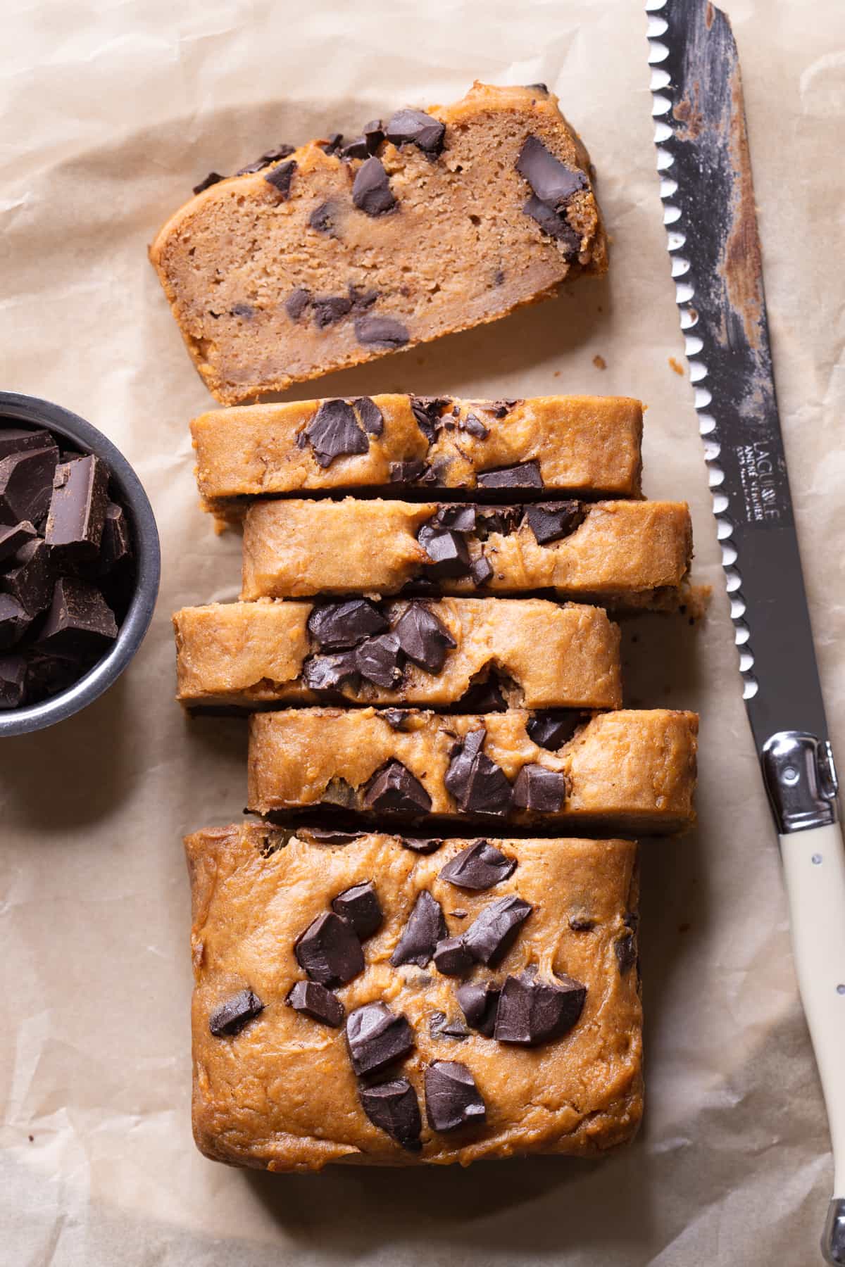 Gluten free and vegan sweet potato bread with chocolate chips, cut into slices