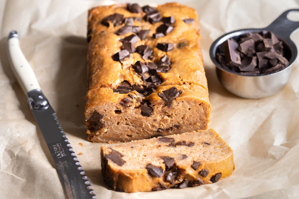 Gluten free and vegan sweet potato bread with chocolate chips, cut into slices