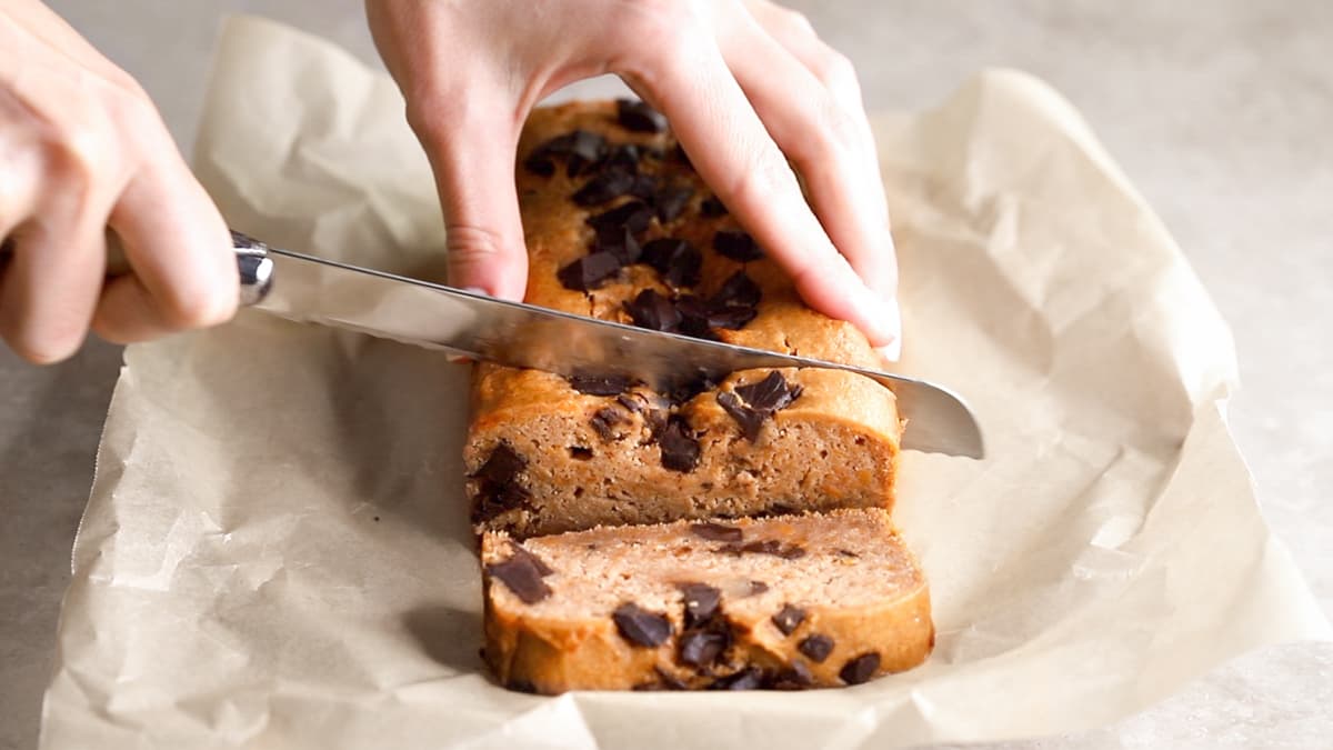 Sliced vegan sweet potato bread with chocolate chips