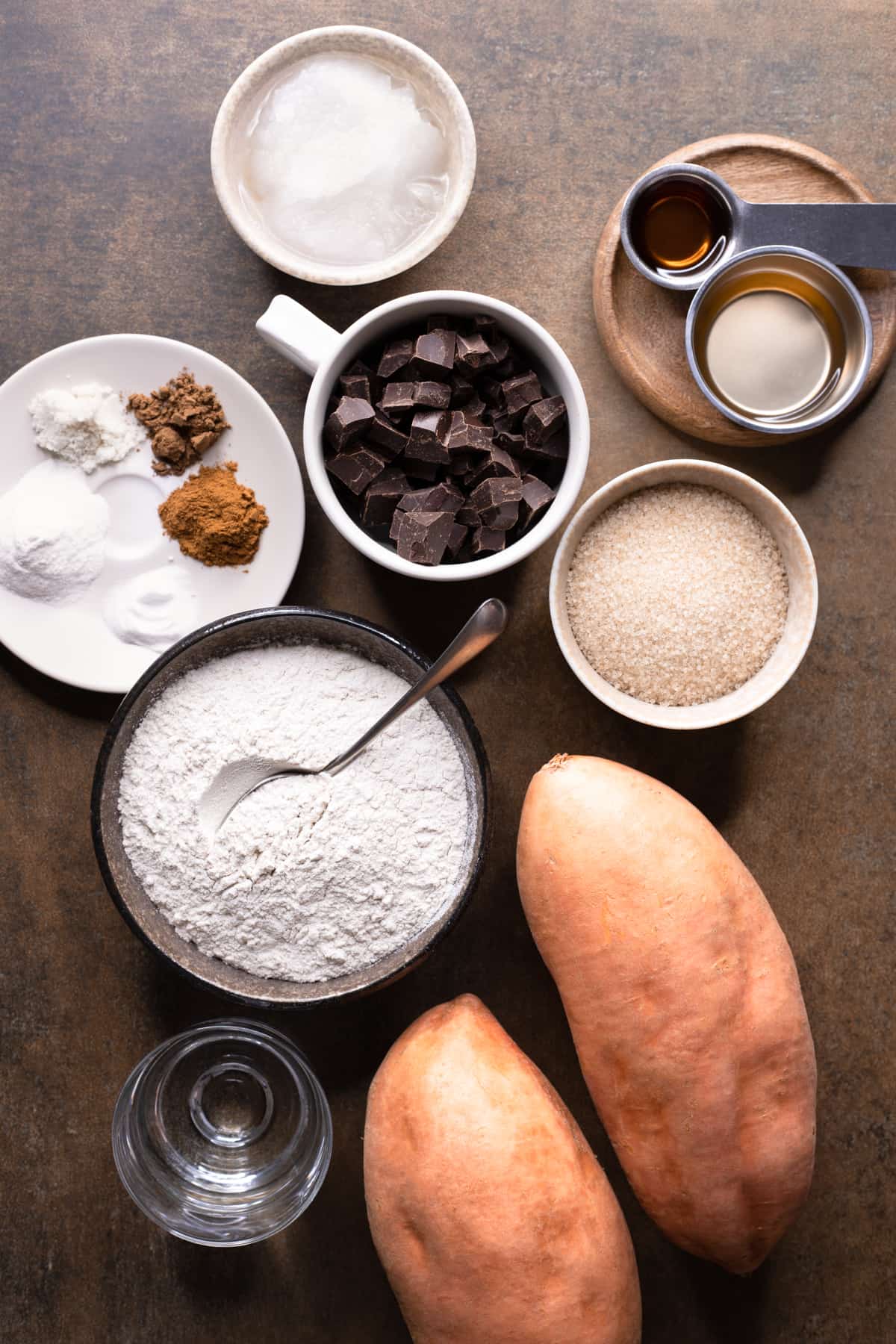 Ingredients for gluten free and vegan sweet potato bread