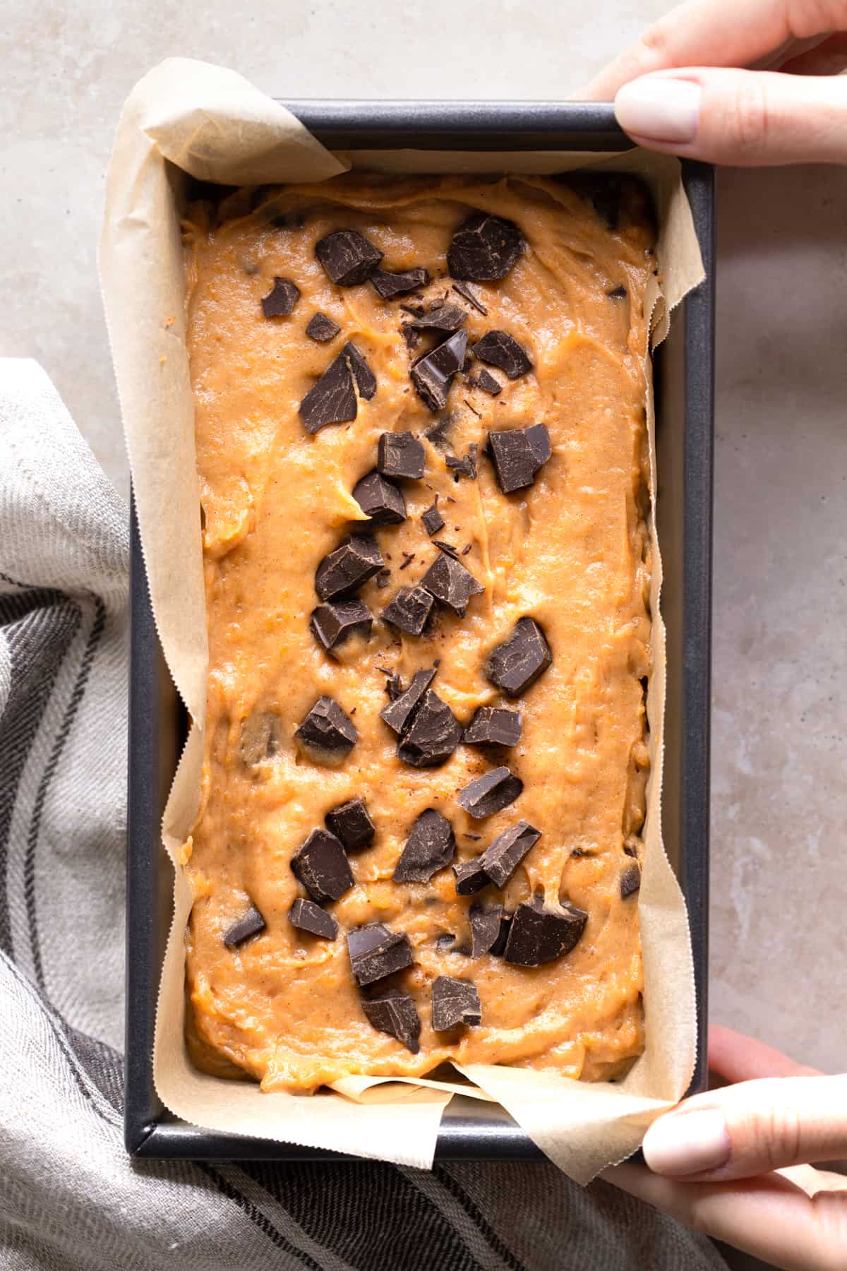 Sweet potato bread batter in a loaf tin