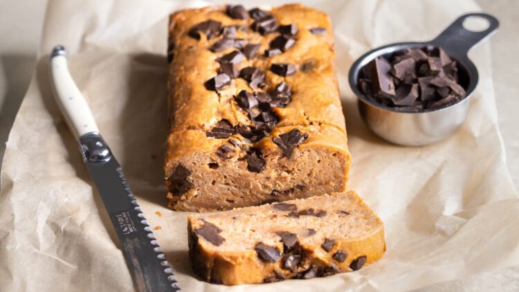 Vegan sweet potato bread with chocolate chips cut into slices