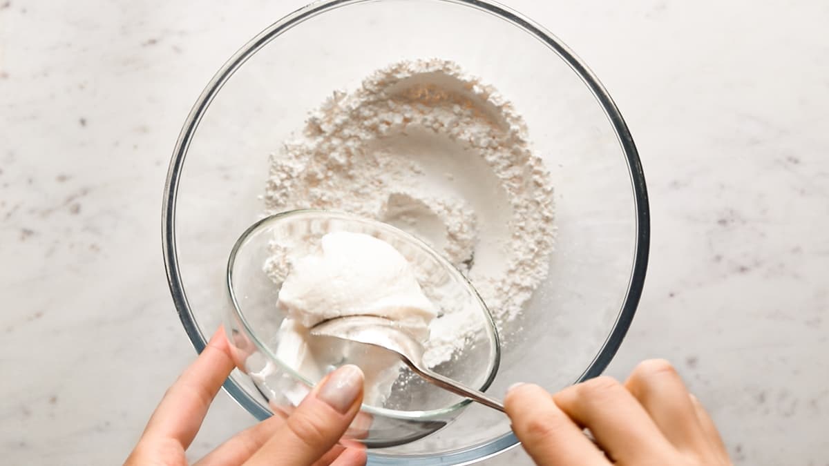 Mix gluten-free flour, baking powder, salt and yogurt