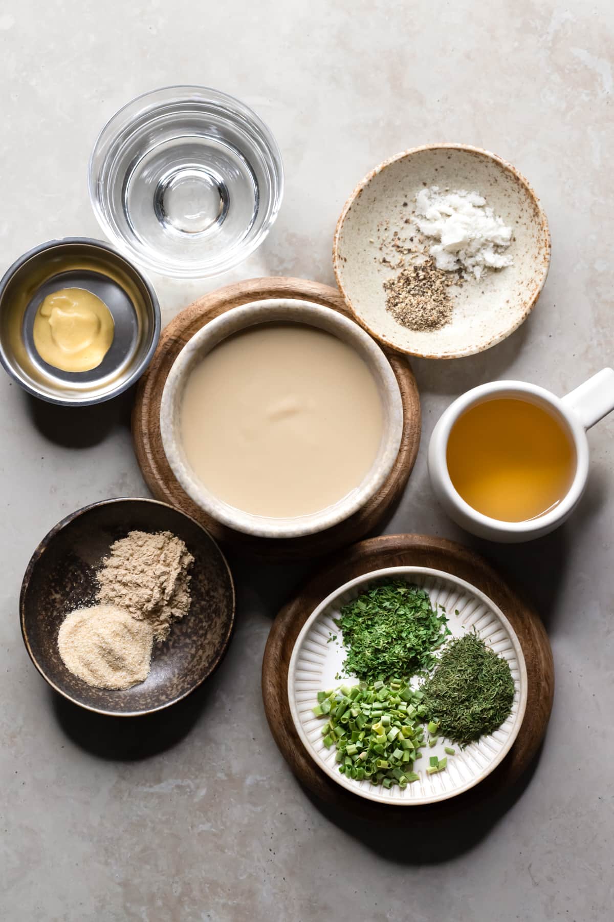 Ingredients for creamy vegan tahini ranch dressing