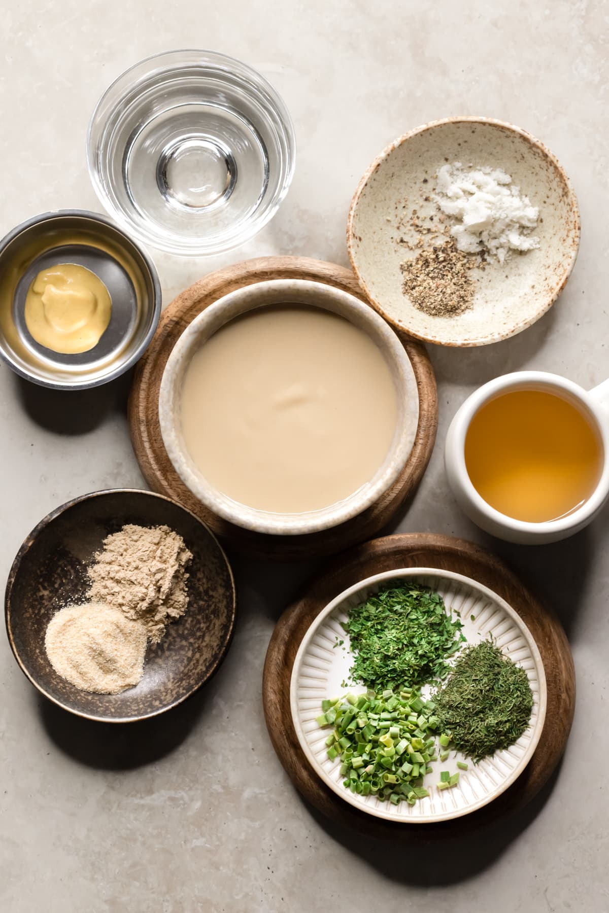 Ingredients for creamy vegan tahini ranch dressing