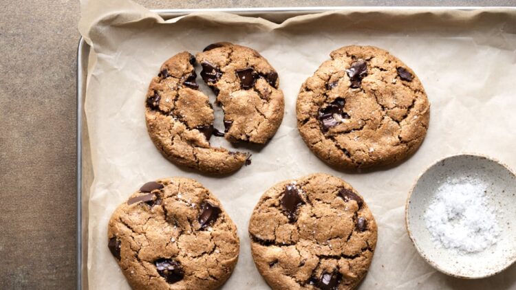 Small batch paleo chocolate chip cookies on a tray with sea salt