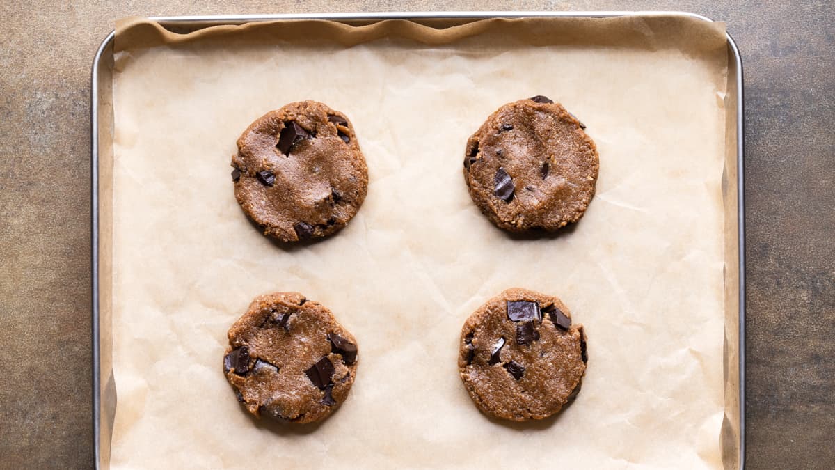 Paleo chocolate chip cookie dough on a baking tray