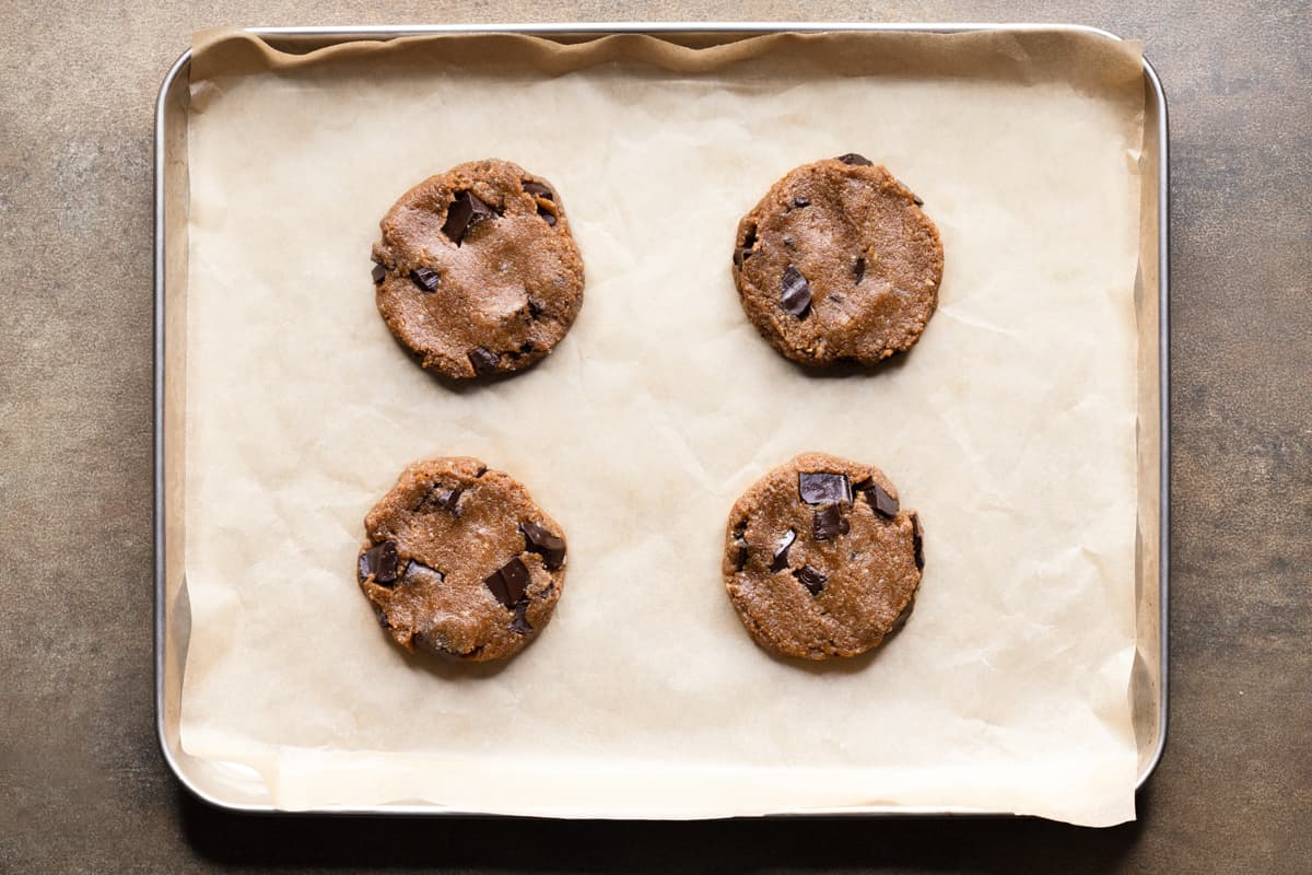 Paleo chocolate chip cookie dough on a baking tray