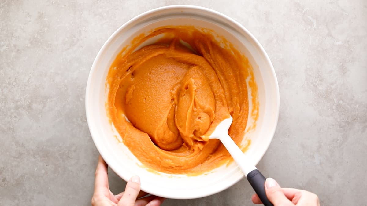 Sweet potato, coconut oil, sugar, vinegar, and vanilla blended into smooth cake batter