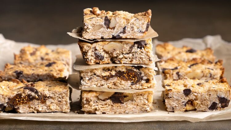 Baked oatmeal breakfast bars stacked on top of each other