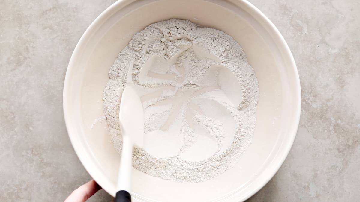 Mix the buckwheat flour, tapioca flour, baking powder, baking soda and salt