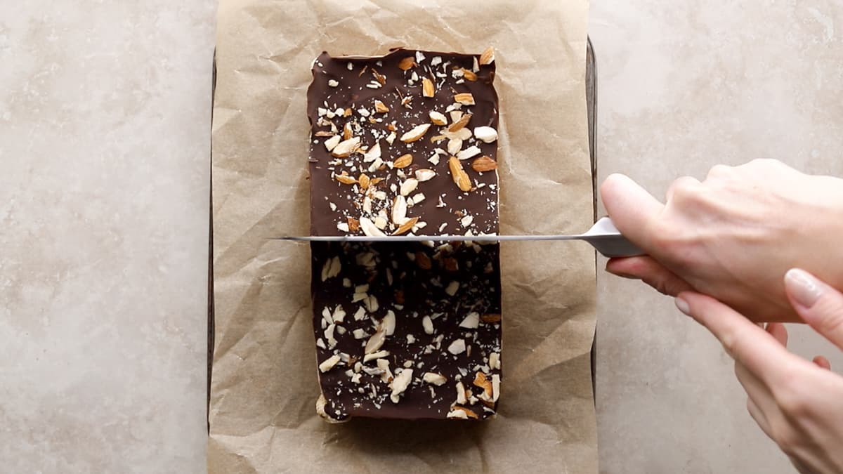 Once firm, cut the slab into individual protein bars