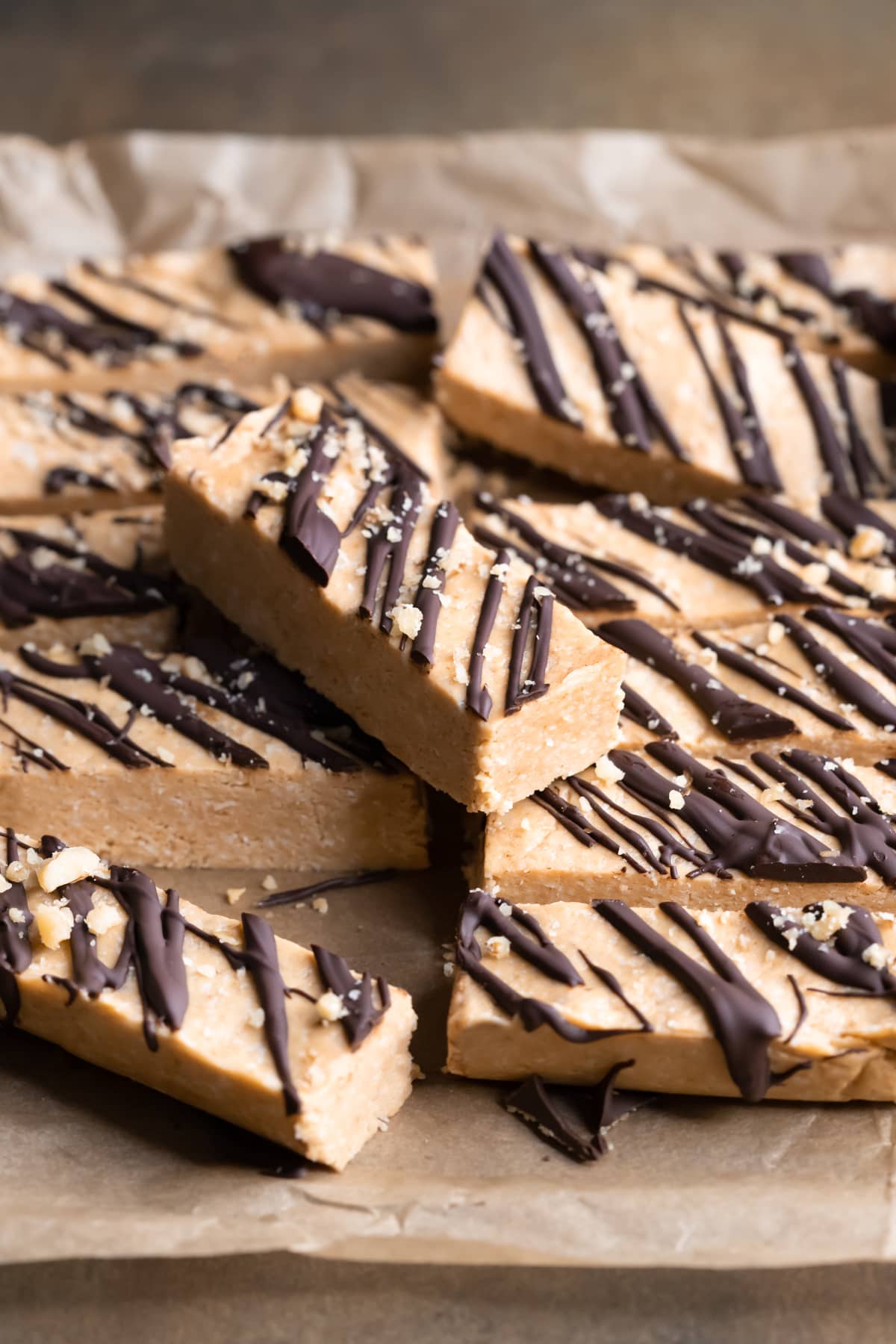Vegan peanut butter oat protein bars drizzled with chocolate