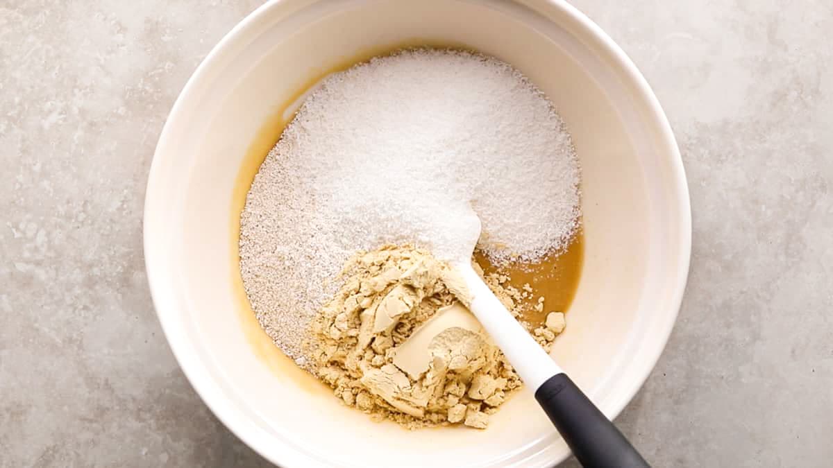 Vegan peanut butter oat protein bar mixture in a bowl