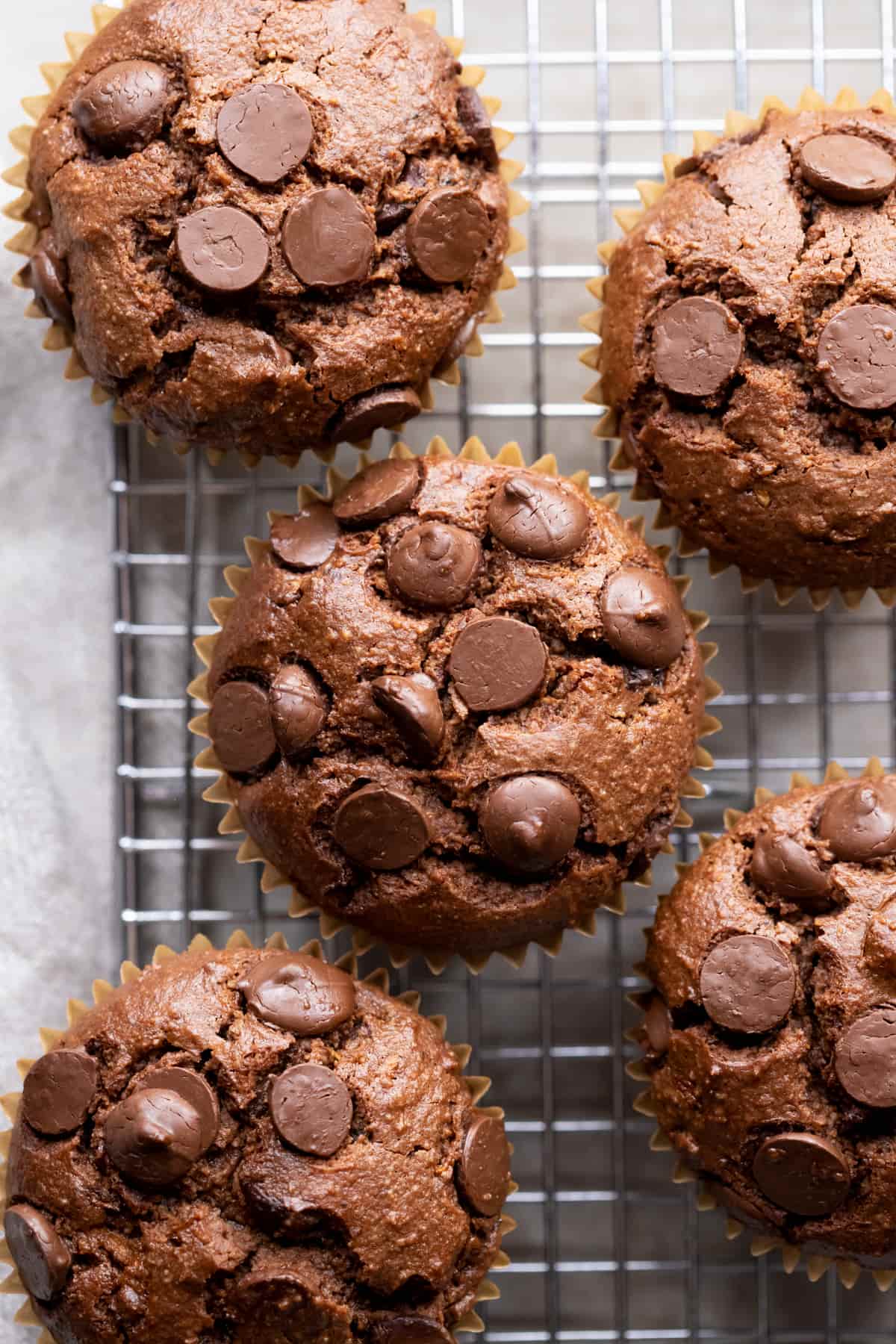 Almond flour double chocolate zucchini muffins on a metal cooling rack