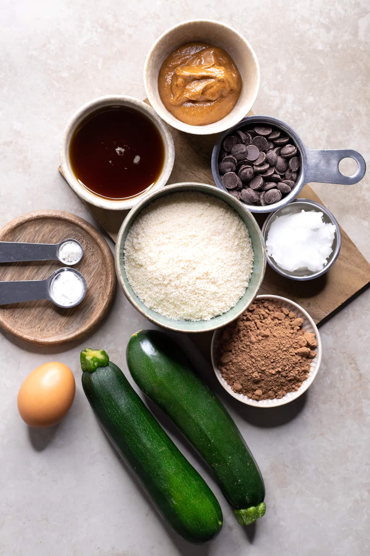 Ingredients for almond flour double chocolate zucchini muffins