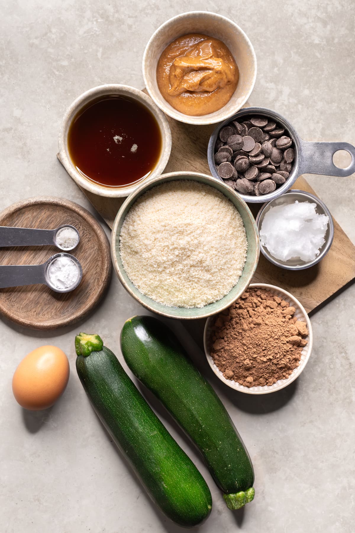 Ingredients for almond flour double chocolate zucchini muffins