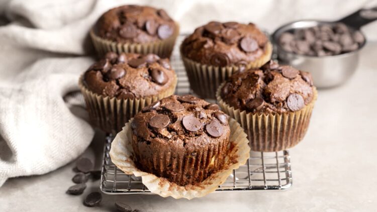 Almond flour double chocolate zucchini muffins on a cooling rack