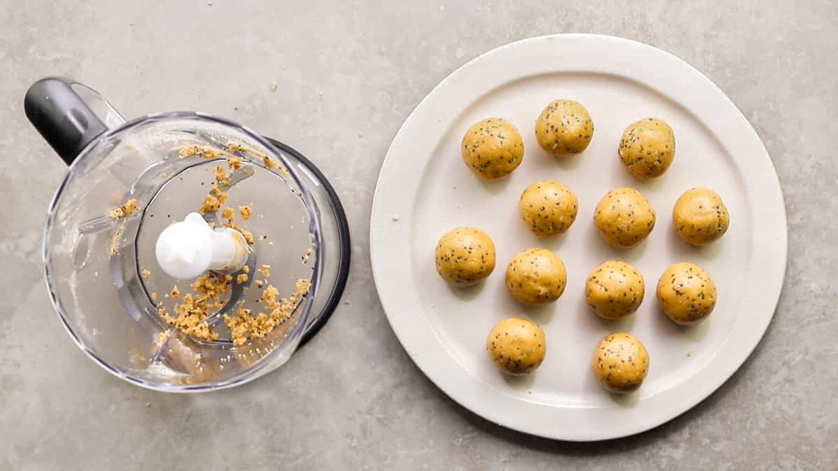 Finished peanut butter oat energy balls on a plate, ready to eat