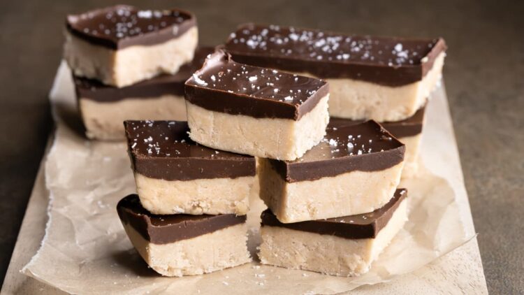 Pieces of chocolate peanut butter protein slice topped with sea salt