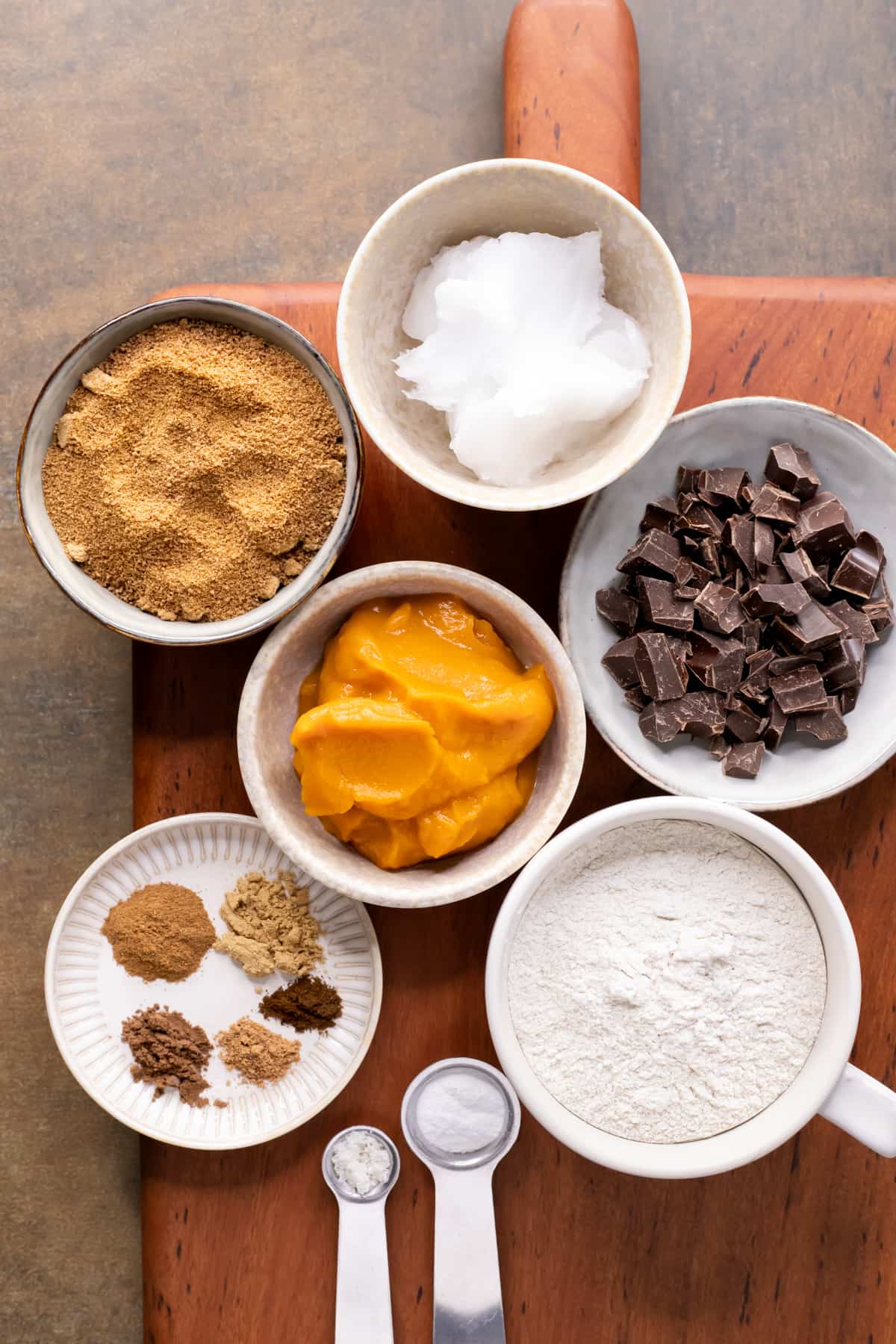 Ingredients for pumpkin chocolate chip cookie bars