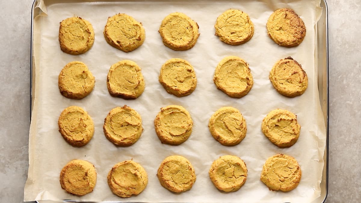 Bake the chickpea fritters in the oven until lightly browned