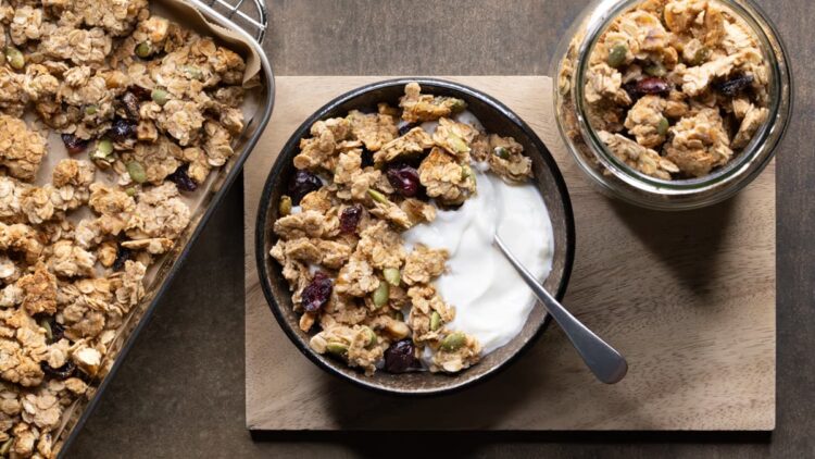 Granola clusters served with yogurt