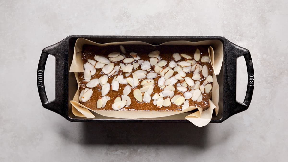 Top the blondie batter with sliced almonds