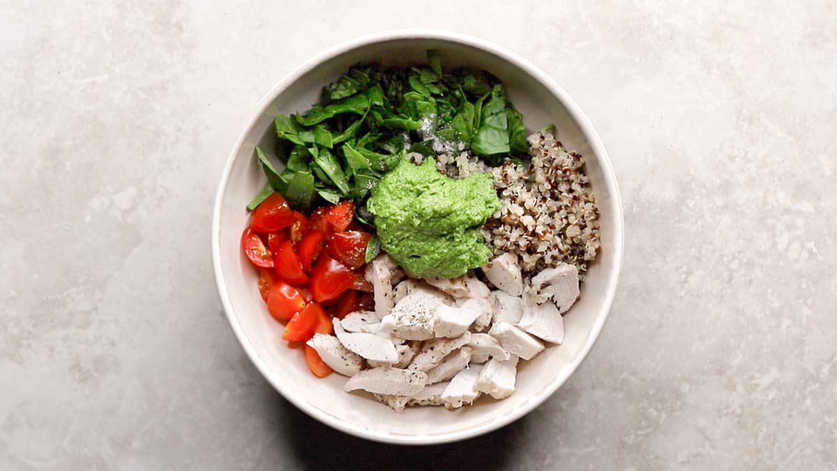 Mix the chicken quinoa salad ingredients in a bowl