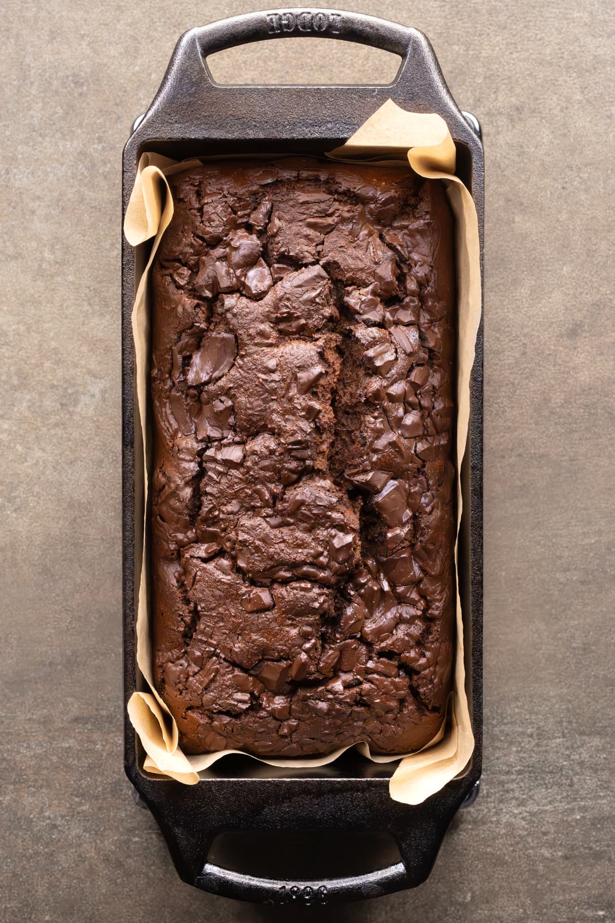 Chocolate zucchini bread baked in a cast iron loaf pan