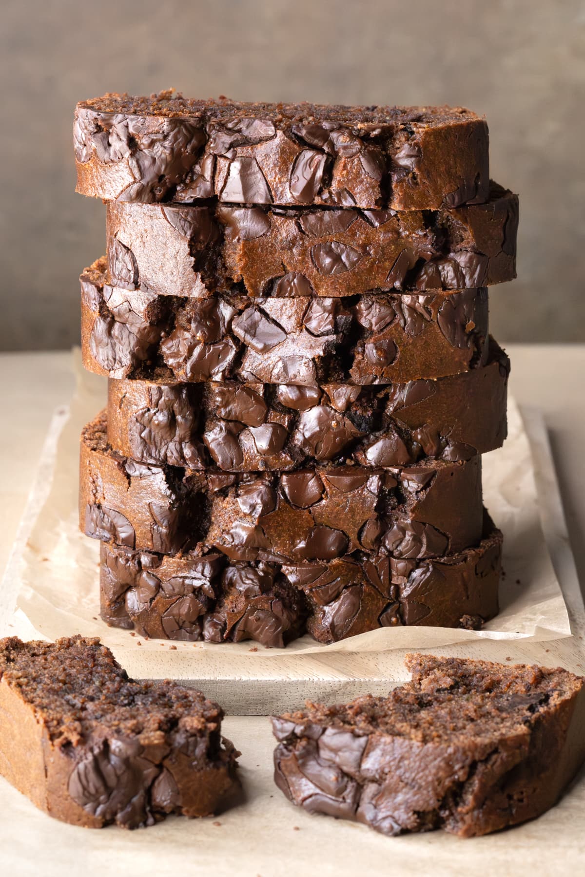 A stack of chocolate zucchini bread slices
